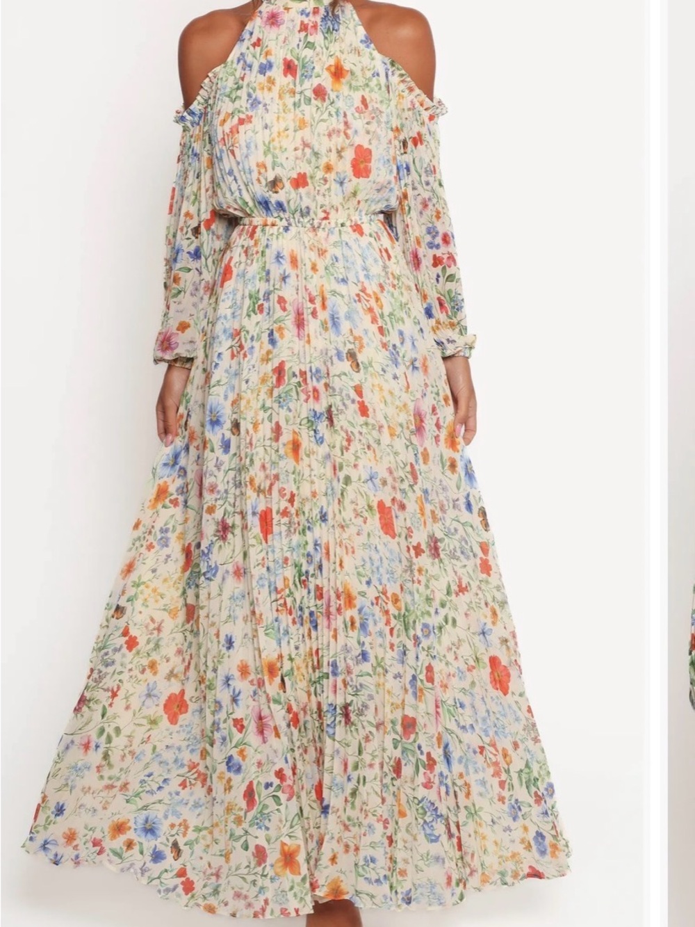 Petal & Pup Hilary Cream Floral Cold-Shoulder Pleated Maxi Dress XL